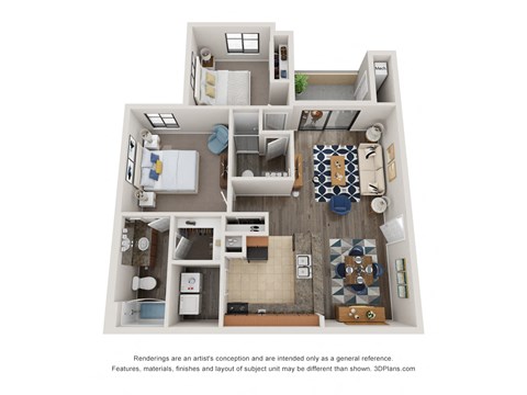Floor plan for 2 beds, 2 baths, 1003 sqft